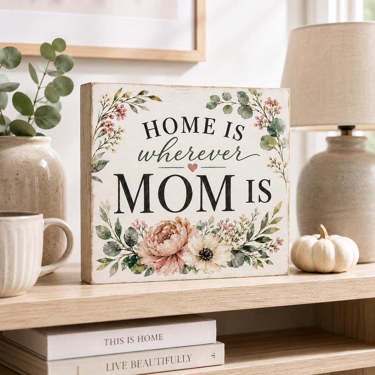 A rectangular decorative sign on a wooden shelf reads “HOME IS wherever MOM IS” with floral artwork in pink, green, and beige tones. The sign is styled in a home setting with a mug, plant, lamp, and small pumpkin nearby.