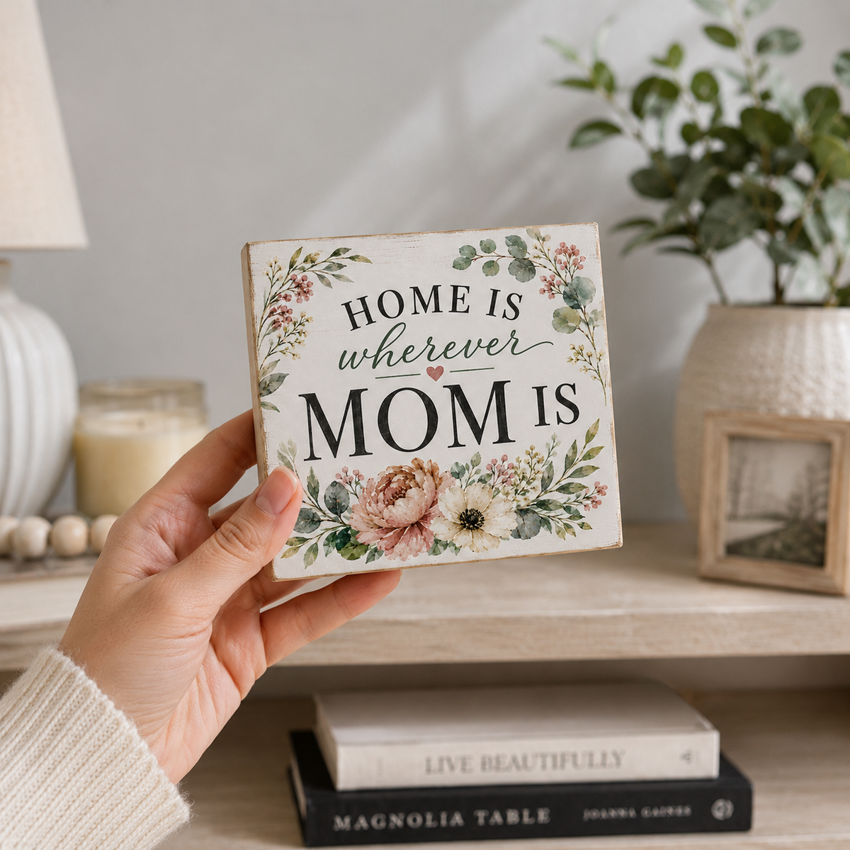 A hand holds a small rectangular decorative sign that reads “HOME IS wherever MOM IS” with floral artwork around the border. The scene is a styled indoor shelf setting with a lamp, candle, books, and a potted plant in the background.