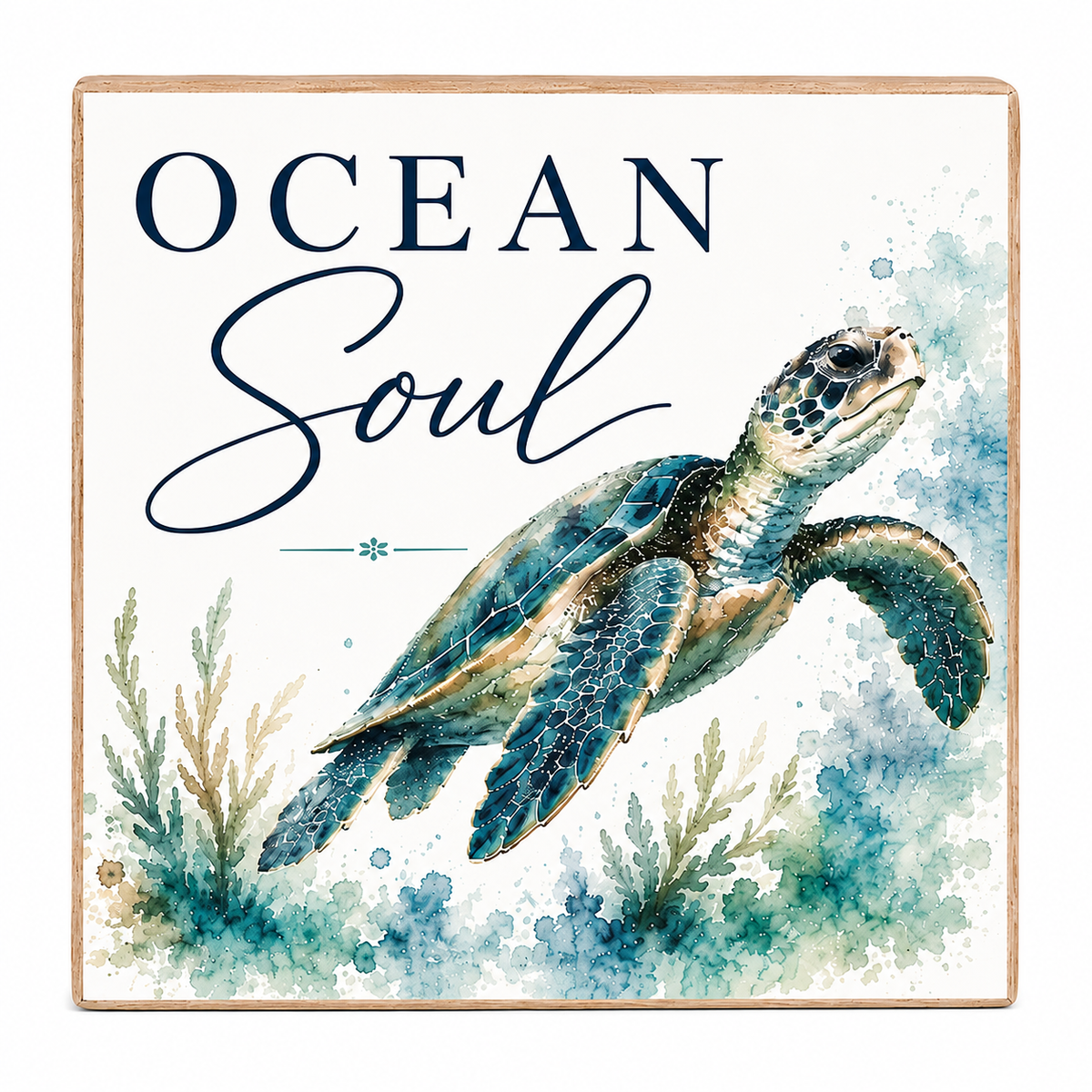 Square decorative wall sign with a watercolor sea turtle illustration and the words “OCEAN Soul” in navy lettering on a white background, framed by a light wood border.
