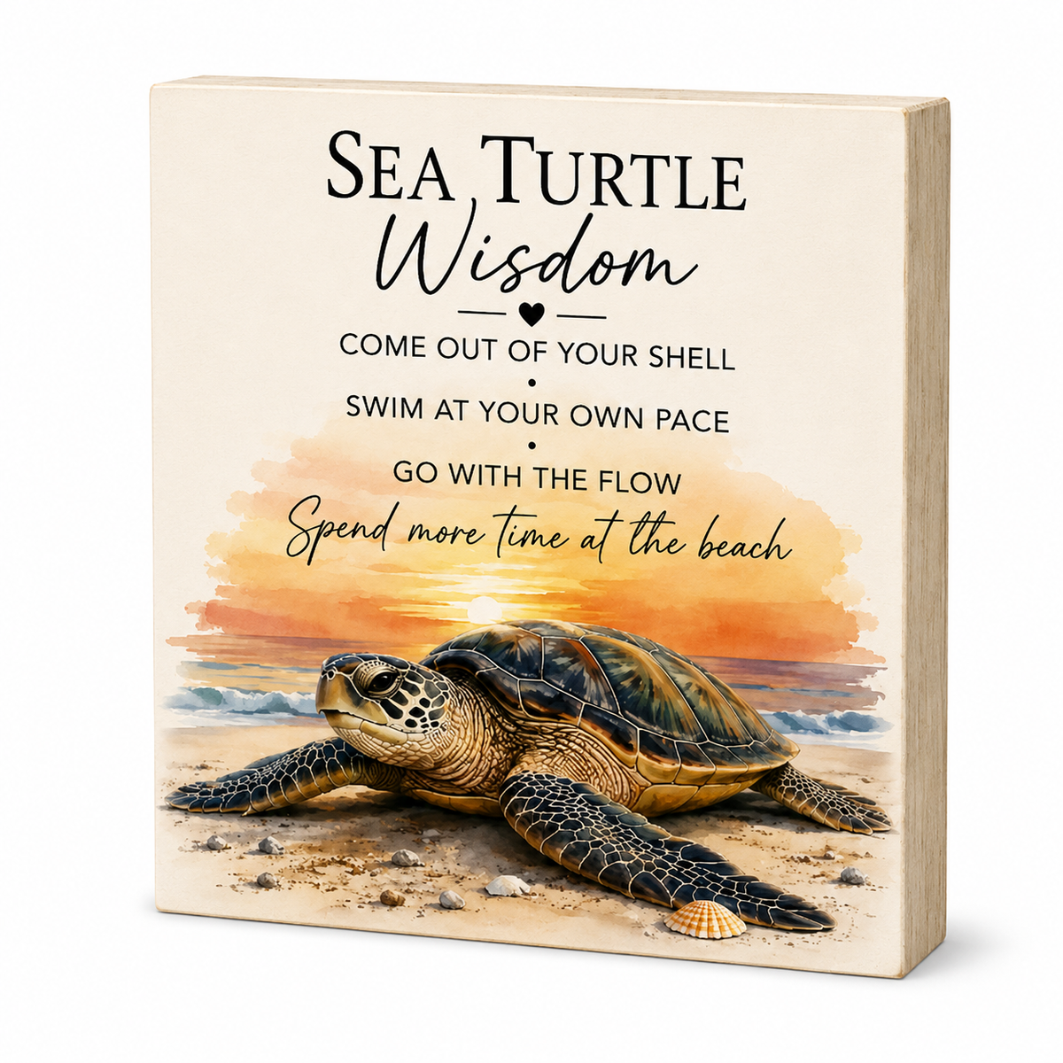 A rectangular decorative plaque or sign with rounded corners, featuring the text 'SEA TURTLE Wisdom' and a beach sunset scene with a sea turtle. The sign is shown at a slight angle on a clean white background.