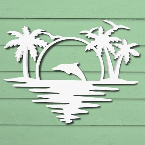 Outdoor Dolphin Wall Art, Coastal Wall Decor for Beach House, White PVC Dolphin Sign with Palm Trees Sunset, 2 Foot