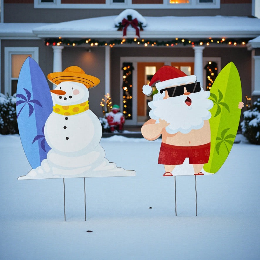 Santa and Snowman Coastal Surf Yard Signs