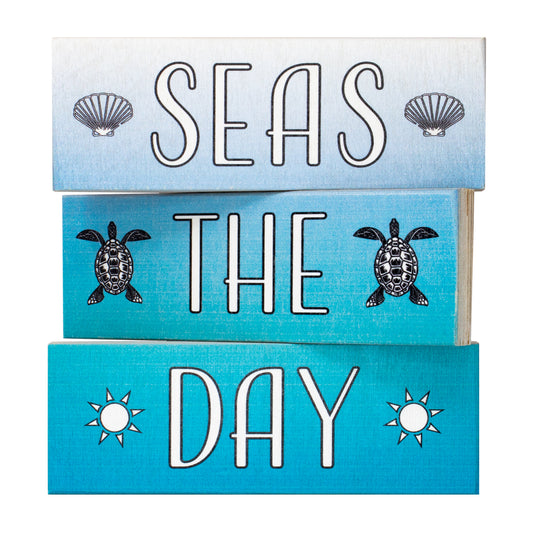Seas the Day Coastal Wood Block Set – 3-Piece Beach Decor, Nautical Home Accent for Shelf, Desk, or Table