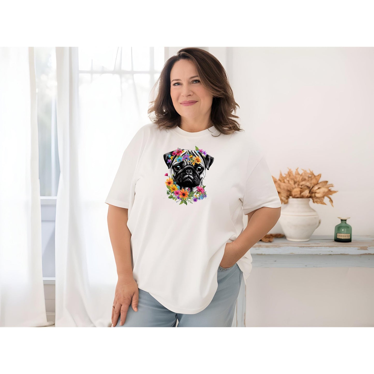 Pug Mom Gift Tshirt, Gift for Pug Lover, Pretty Floral Pug Tshirt