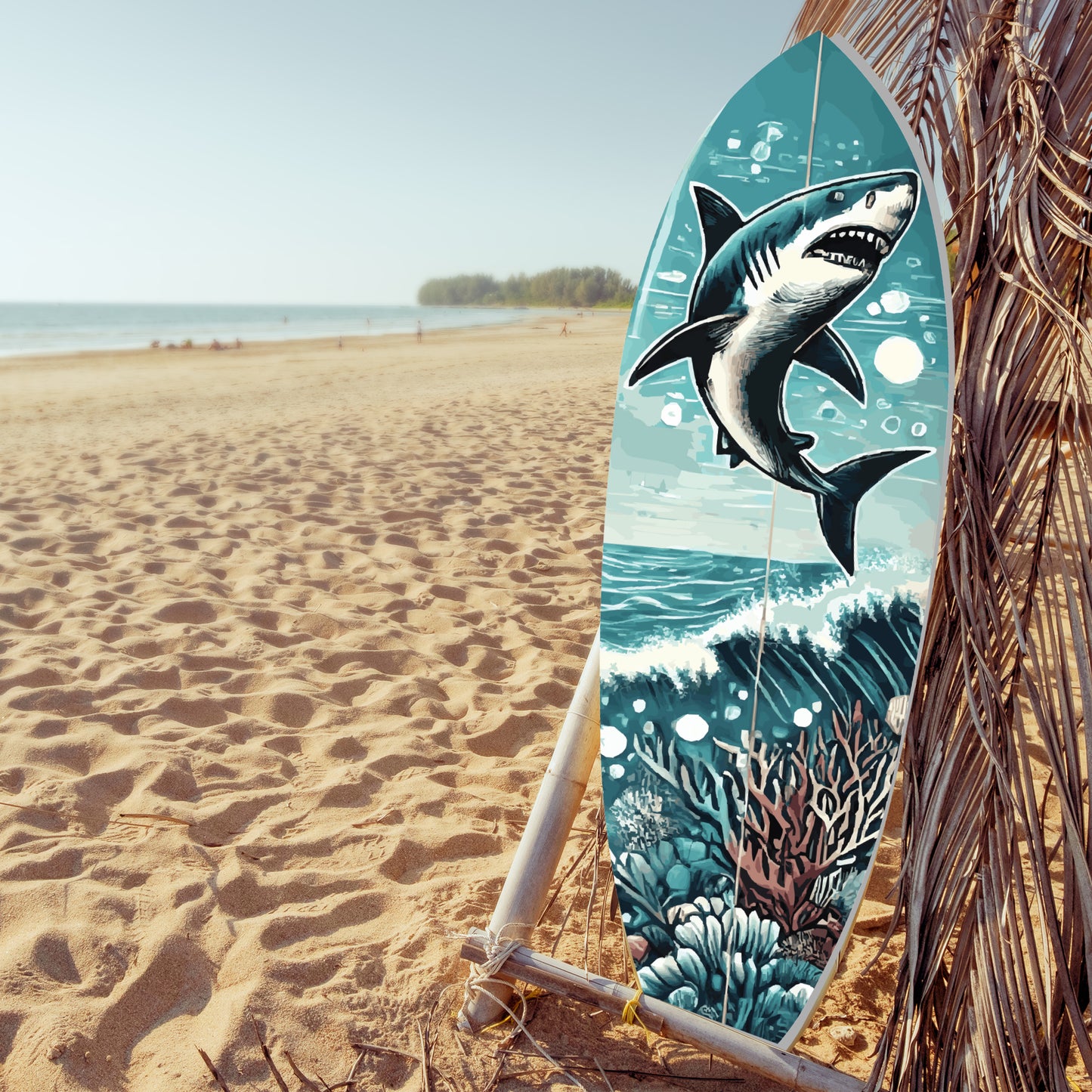 Outdoor Shark Surfboard Wall Art, Ocean Themed Decor, Weather Resistant Indoor Outdoor PVC, 5 Foot