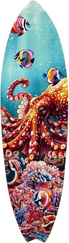 Outdoor Octopus Surfboard Wall Art, Octopus Wall Hanging, Weather Resistant PVC, 5 Foot