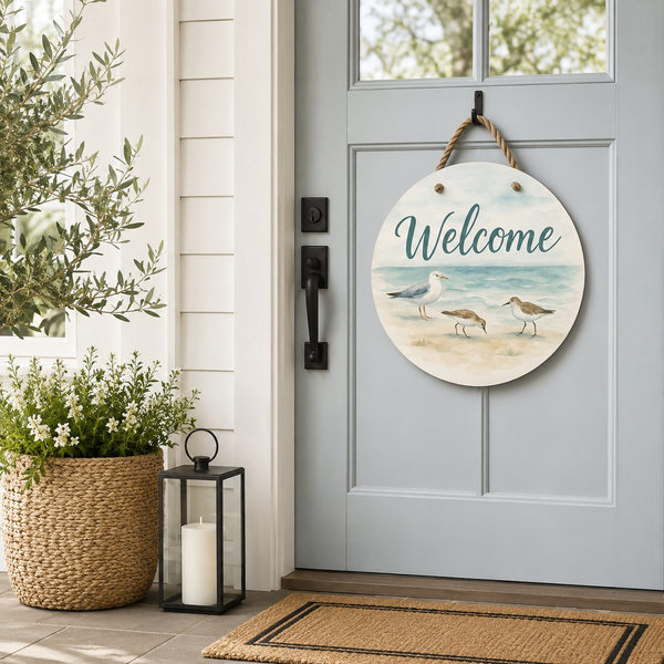 Sandpiper Beach Welcome Sign | Round Coastal Door & Porch Decor