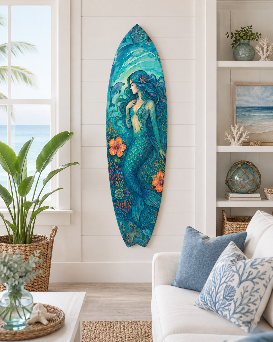 Mermaid Watercolor Surfboard Wall Art, Weatherproof Coastal Indoor Outdoor Decor