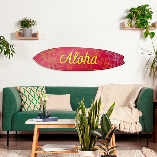 Outdoor Surfboard Wall Art Aloha, Bold Fuchsia Color, Hawaiian Decor, Weather Resistant PVC, Indoor Outdoor, 4 Foot