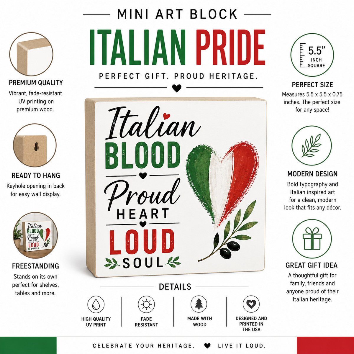A product listing graphic for a mini art block featuring the text 'Italian Blood Proud Heart Loud Soul' with a green, white, and red heart design. The image includes feature callouts such as premium quality UV printing, keyhole opening, freestanding, and modern design, with a small photo of the finished wooden block on the left.