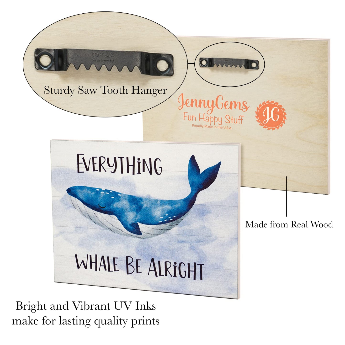 JennyGems Whale Decor, Everything Whale Be Alright Wooden Sign, Inspirational Quote, Wall Hanging, Made in USA