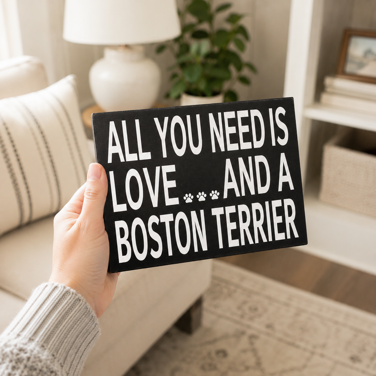 A hand holds a black rectangular sign with white text reading 'ALL YOU NEED IS LOVE.