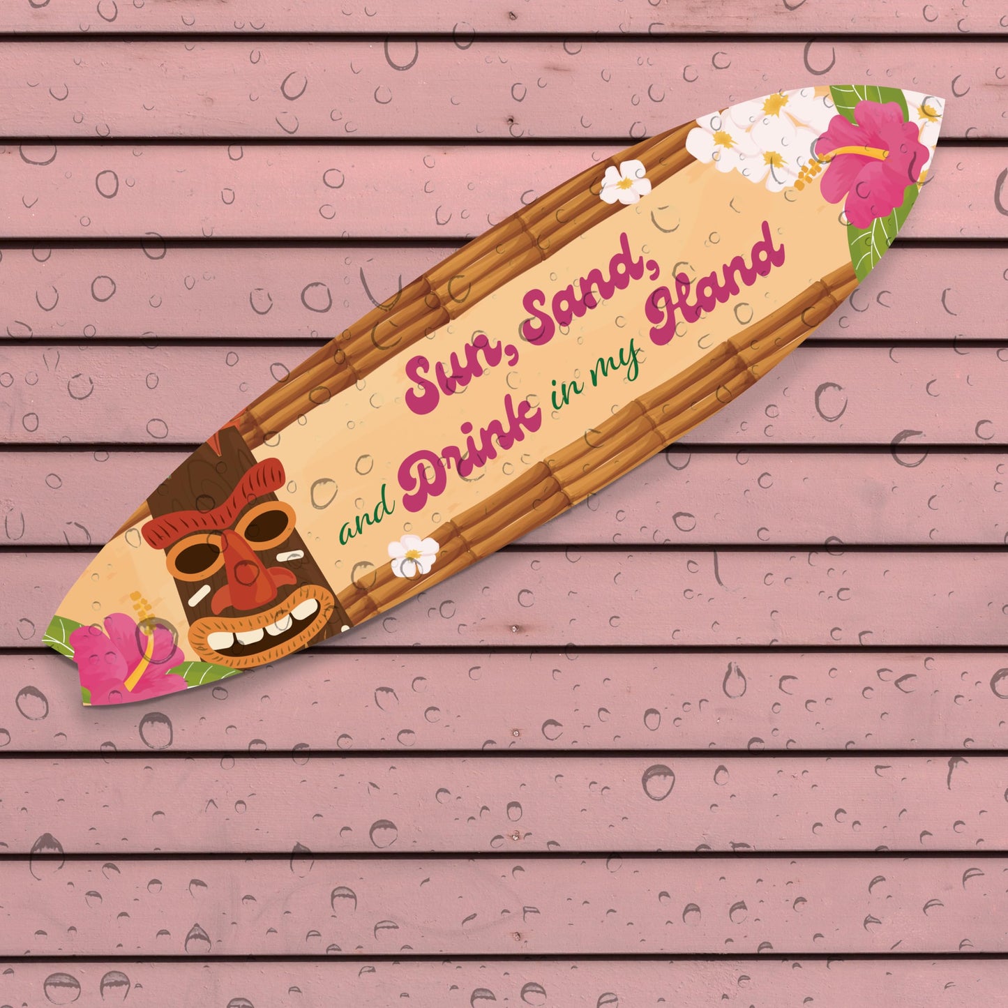 JennyGems Outdoor Tropical Surfboard and Tiki Bar Sign, Sun Sand Drink in Hand, Weather Resistant