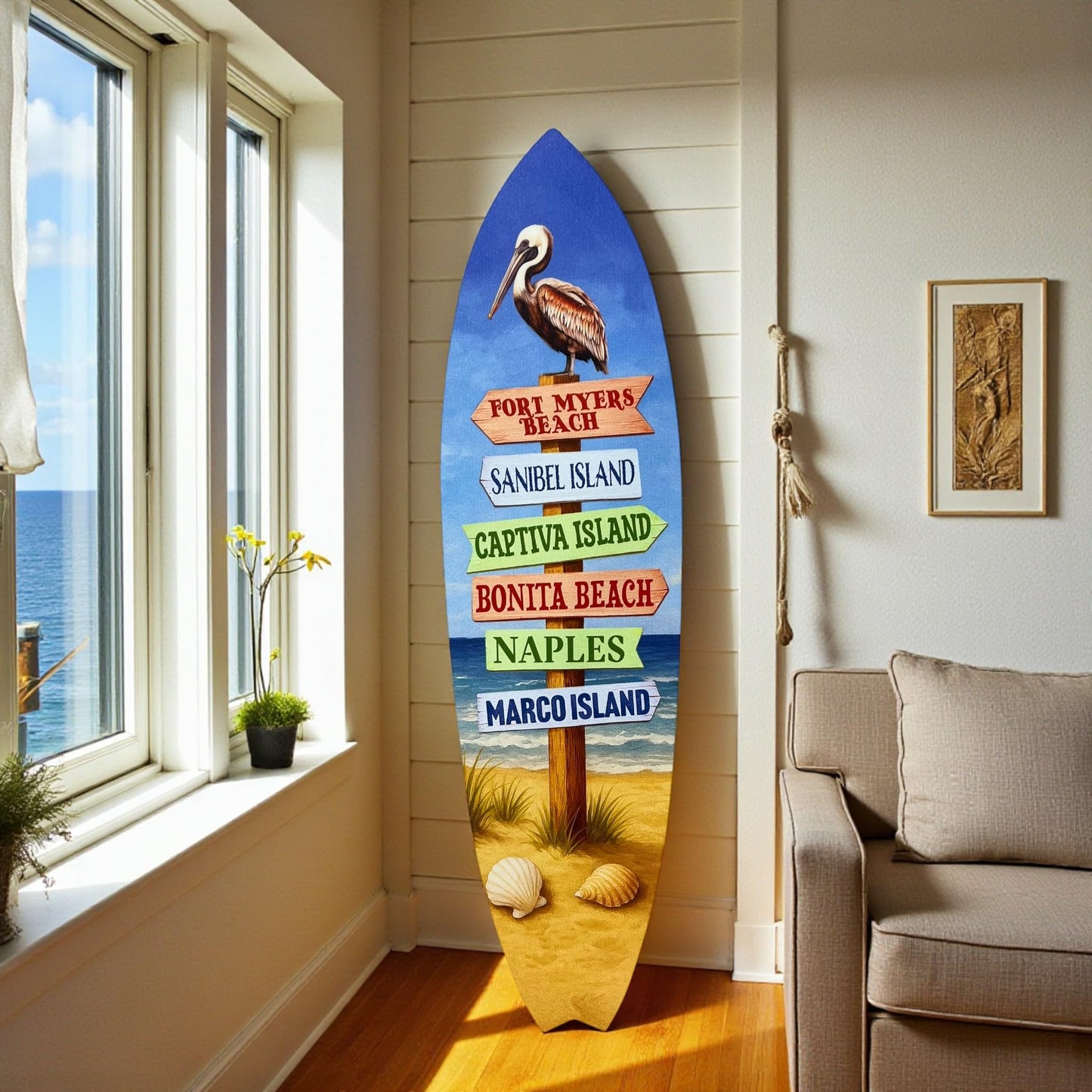 Florida West Coast Surfboard Sign – PVC Directional Beach Town Wall Art, Fort Myers Beach, Sanibel Island, Naples, Marco Island, Outdoor Coastal Decor