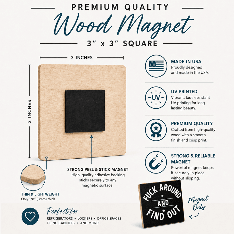 A 3x3 inch square wood magnet with a black center, shown on a white infographic background with text and icons describing features like UV printing, strong magnetic grip, and suitability for lockers and cabinets. A small chalkboard-style graphic at the bottom right says 'Magnet Only'.