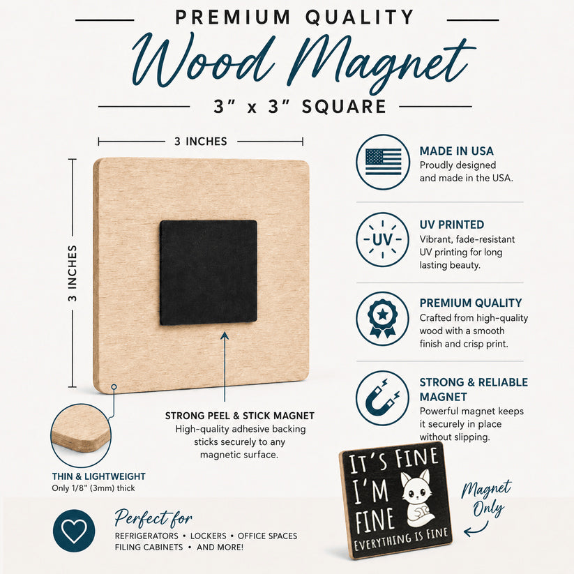 A 3 x 3 inch square wood magnet with a black center, shown on a white infographic background with text and icons describing its features, including UV printing, strong magnetic grip, and thin lightweight construction.