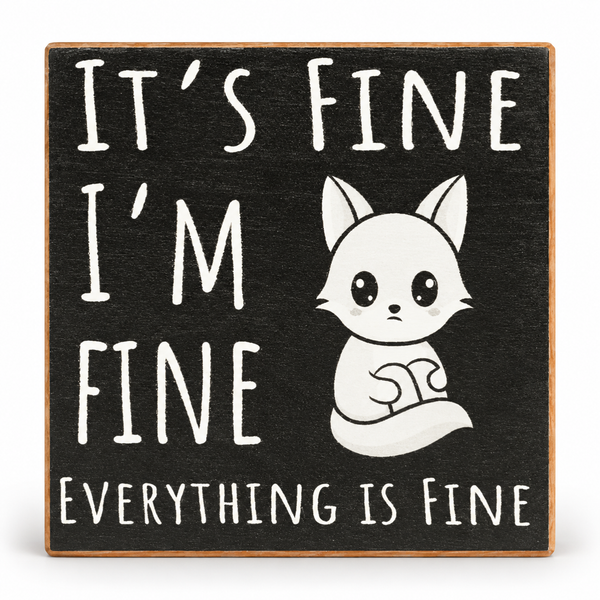 A square decorative sign with a dark charcoal background and a light wood border. The sign features the phrase 'IT'S FINE I'M FINE EVERYTHING IS FINE' in large white hand-drawn-style letters, alongside a white cartoon fox sitting in the center.