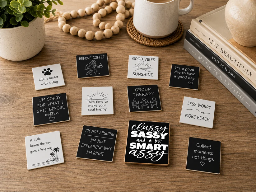 A styled flat-lay of multiple small square sign cards with black and white text and illustrations, arranged on a wooden tabletop with a mug, books, beads, and a plant nearby.