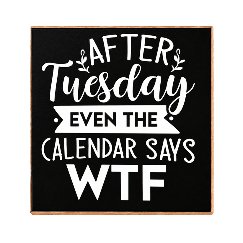 A square black decorative sign with a light wood border and white text that reads, 'AFTER Tuesday EVEN THE CALENDAR SAYS WTF' on a plain white background.