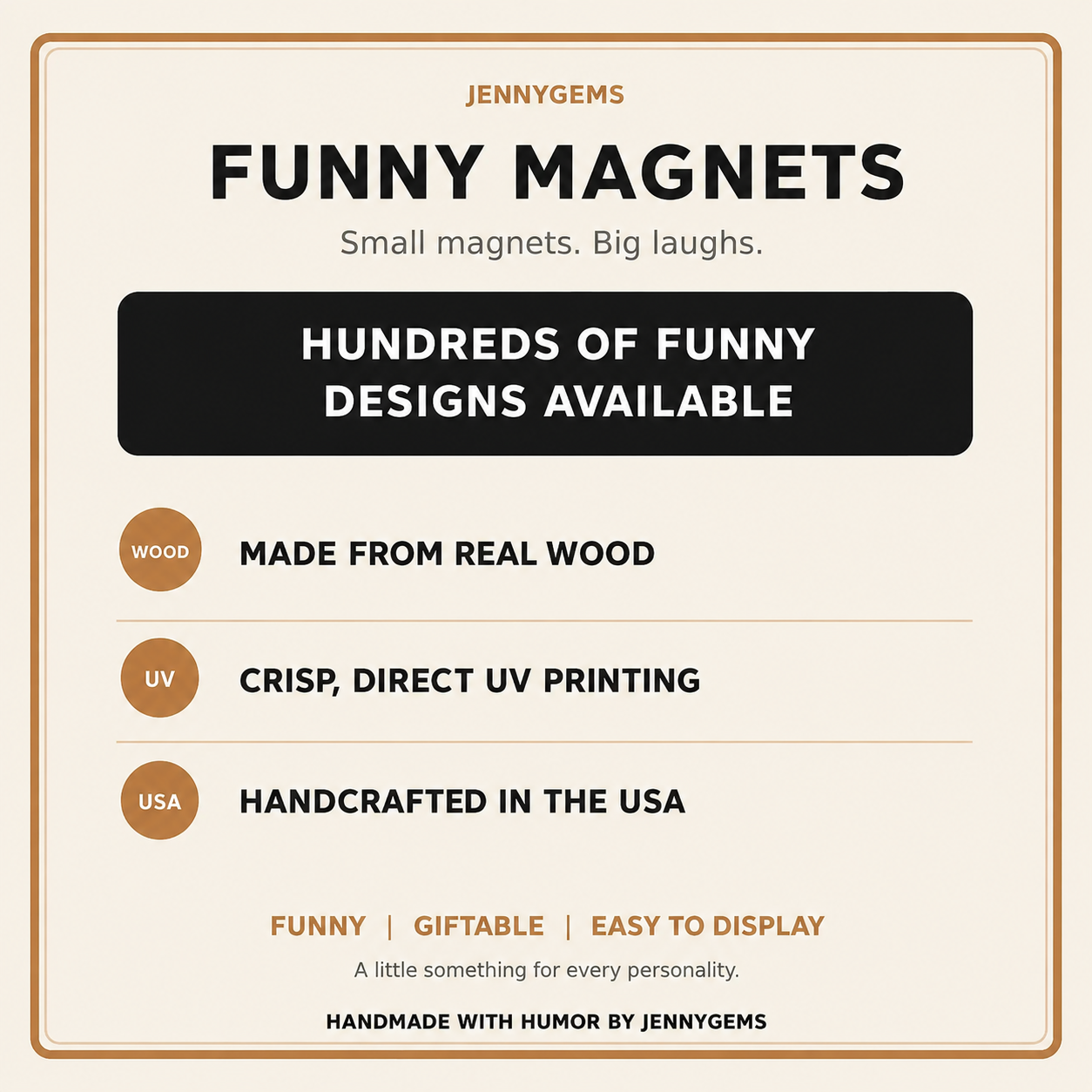 An informational product graphic for JennyGems Funny Magnets. The design features a cream background with a thin brown border, displaying the brand name 'JennyGems' at the top.