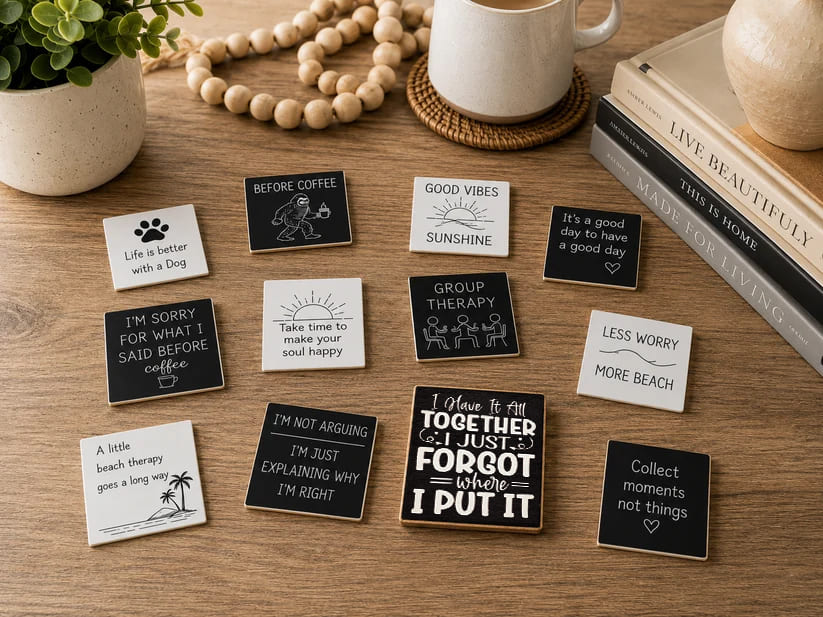A styled flat-lay of multiple small square chalkboard-style signs with humorous and motivational quotes, arranged on a wooden tabletop with a mug, books, beads, and a plant in the background.