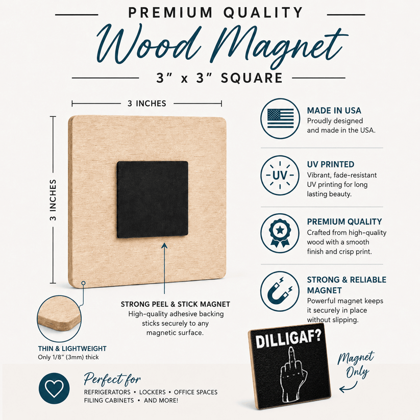 A 3 x 3 inch square wood magnet with a black magnetic backing, shown on a beige infographic background with text describing features like UV printing, strong peel-and-stick backing, and USAMade quality.
