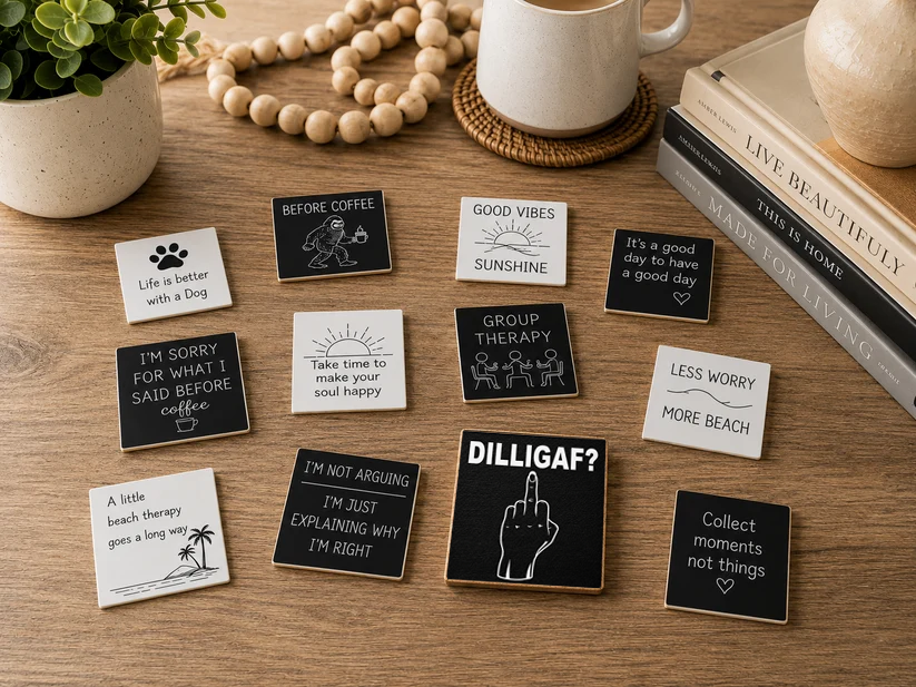 A styled flat-lay of multiple small square sign cards with humorous quotes and illustrations, arranged on a wooden tabletop with a mug, books, beads, and a plant nearby.