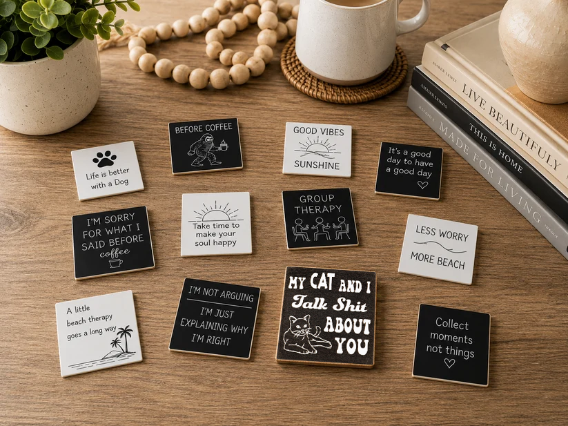 A styled flat-lay of multiple small square ceramic tiles with humorous quotes and illustrations, arranged on a wooden tabletop with a mug, books, beads, and a plant in the background.