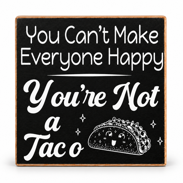 Square black decorative sign with a light wood border, white text reading 'You Can't Make Everyone Happy You're Not a Taco,' and a white taco illustration with a smiling face on a white background.