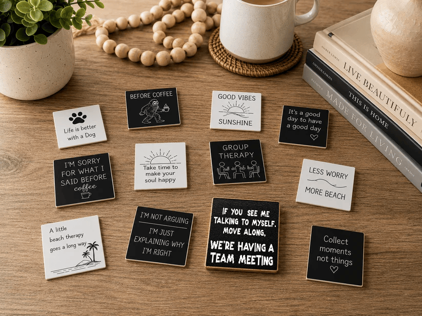 A styled flat-lay of multiple small square wall art signs with motivational quotes and simple graphics, arranged on a wooden tabletop with a mug, books, beads, and a plant nearby.