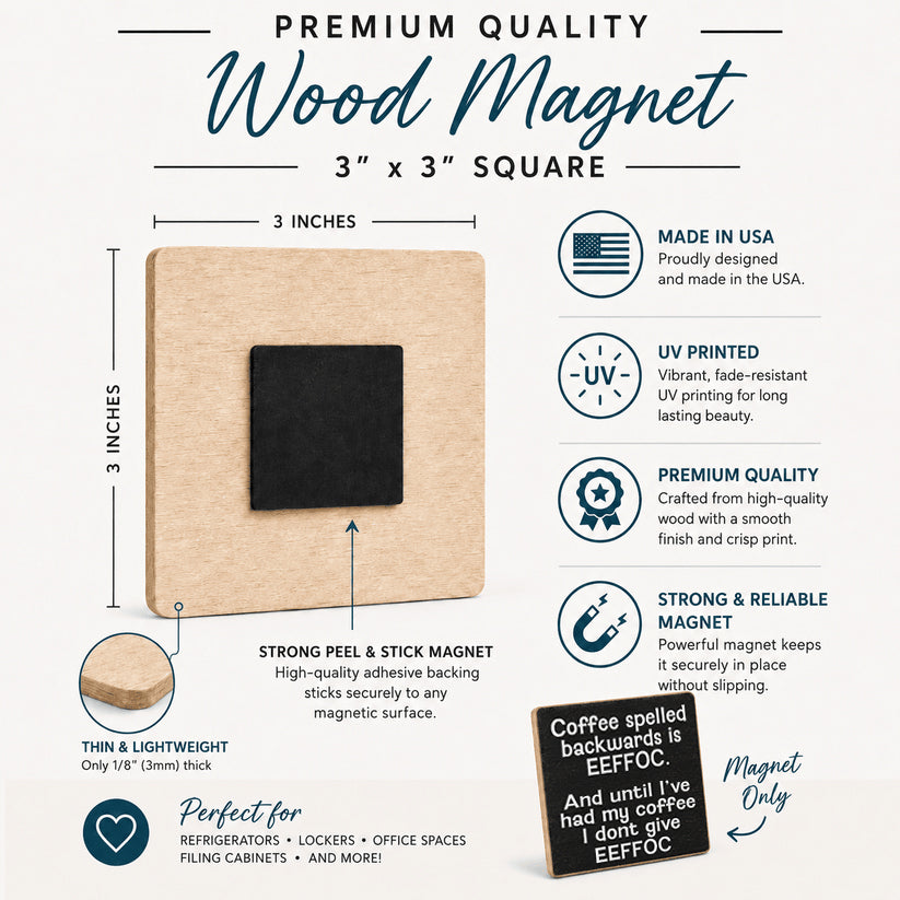 A 3x3 inch square wood magnet with a black center, shown on a white infographic background with text describing features like strong peel-and-stick backing, UV printing, and suitability for refrigerator and locker magnets.