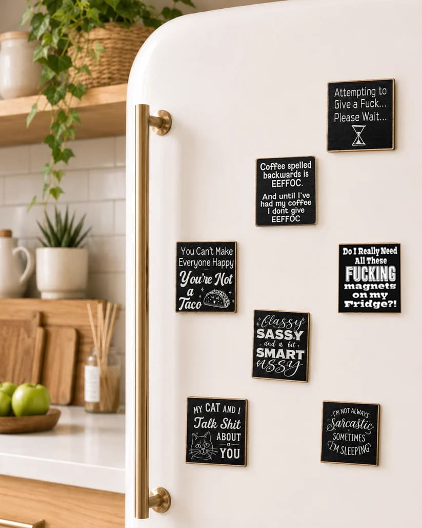 A white refrigerator in a kitchen setting with six black square magnets featuring humorous and sarcastic phrases in white lettering.