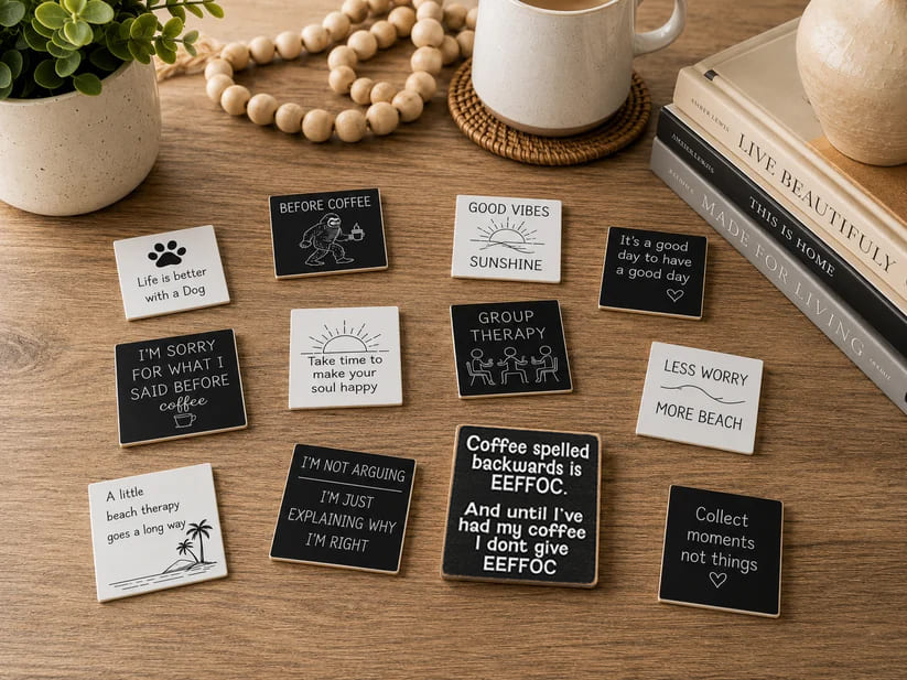 A styled flat-lay of multiple small square enamel pins with humorous quotes and simple illustrations, arranged on a wooden tabletop with a mug, books, beads, and a plant in the background.
