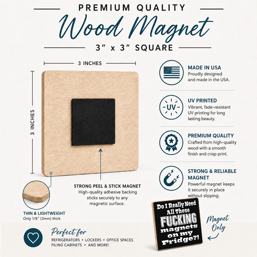 A 3x3 inch square premium wood magnet with a black center, shown on a white infographic background with text and icons describing features like UV printing, strong magnetic grip, andMade in USA.