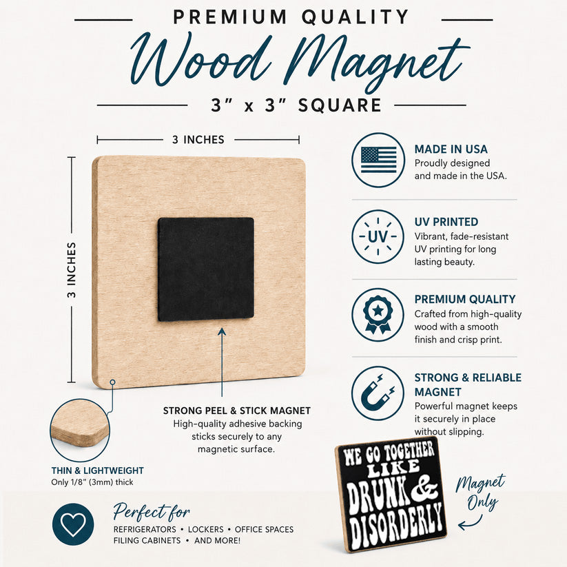 A 3x3 inch square premium wood magnet with a black magnetic center, shown on a white infographic background with text and icons describing features like UV printing, strong peel-and-stick backing, and suitability for lockers and cabinets.