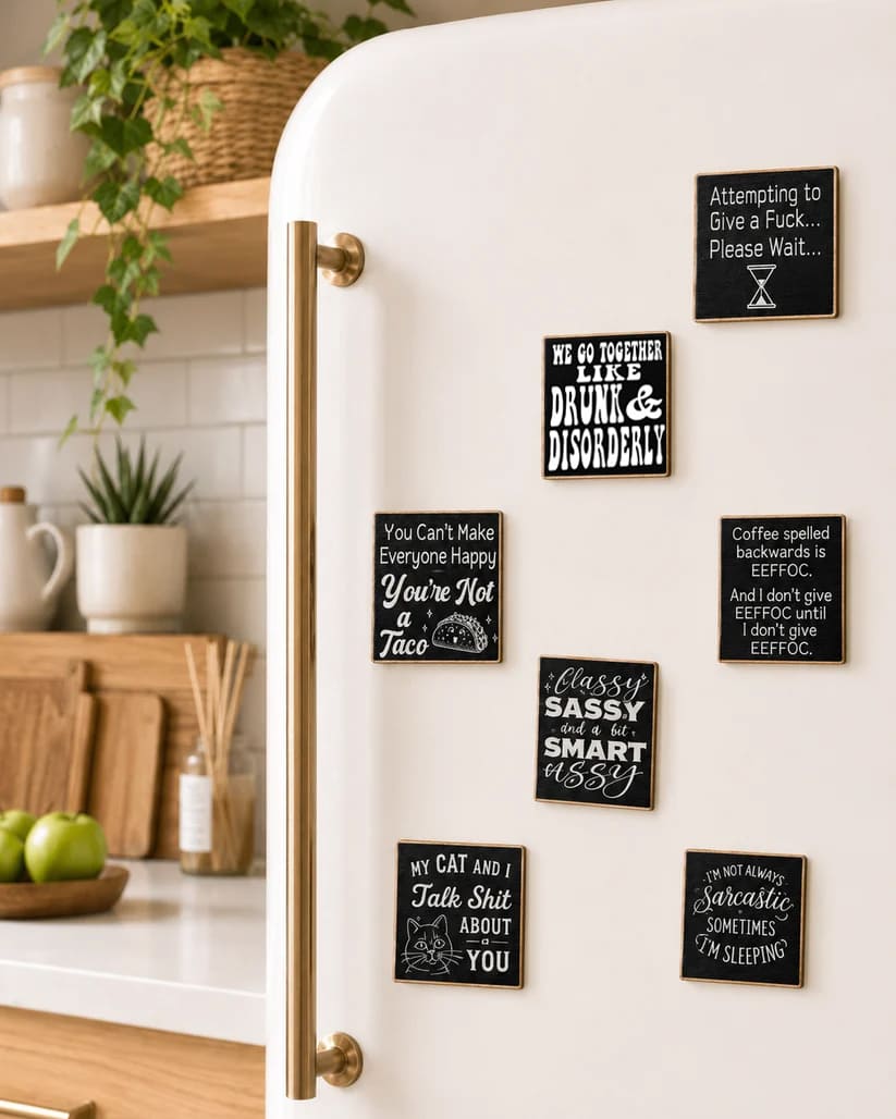 A white refrigerator in a kitchen setting with multiple black square magnets featuring humorous and witty sayings in white script and block lettering.