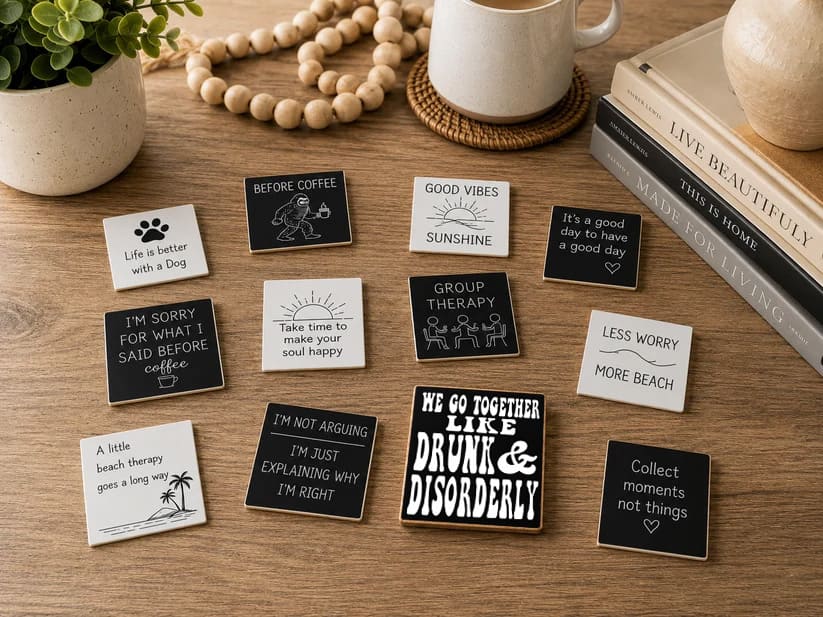 A set of square enamel pins with humorous quotes and illustrations, arranged on a wooden tabletop alongside lifestyle props including a mug, books, a plant, and a wooden bead necklace.