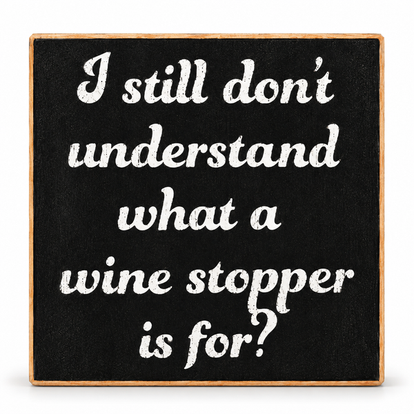 A square decorative sign with a black chalkboard-style face and a natural wood border, featuring the white text, 'I still don't understand what a wine stopper is for?'.