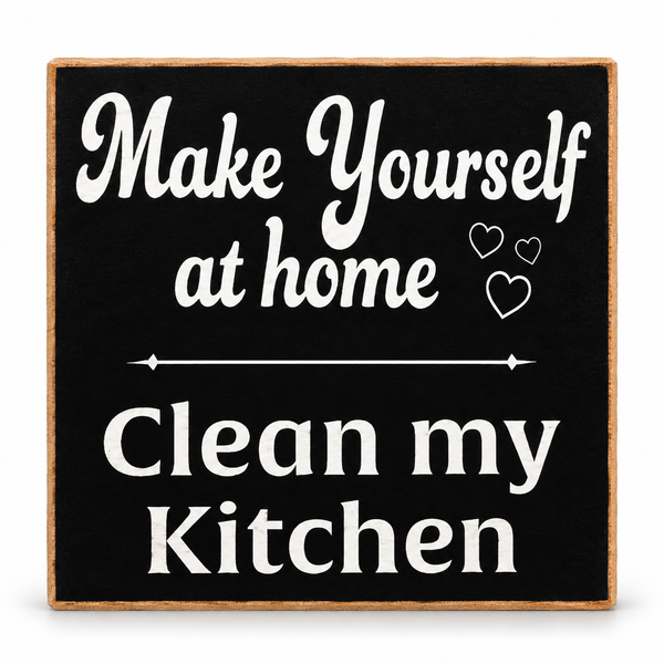 A square decorative sign with a black face, white text reading 'Make Yourself at home Clean my Kitchen,' and small white heart outlines, surrounded by a natural wood border on a white background.