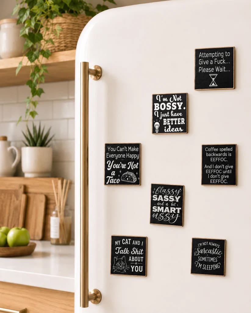A white refrigerator in a kitchen setting, decorated with multiple black square magnets featuring humorous and sarcastic phrases in white chalk-style lettering.
