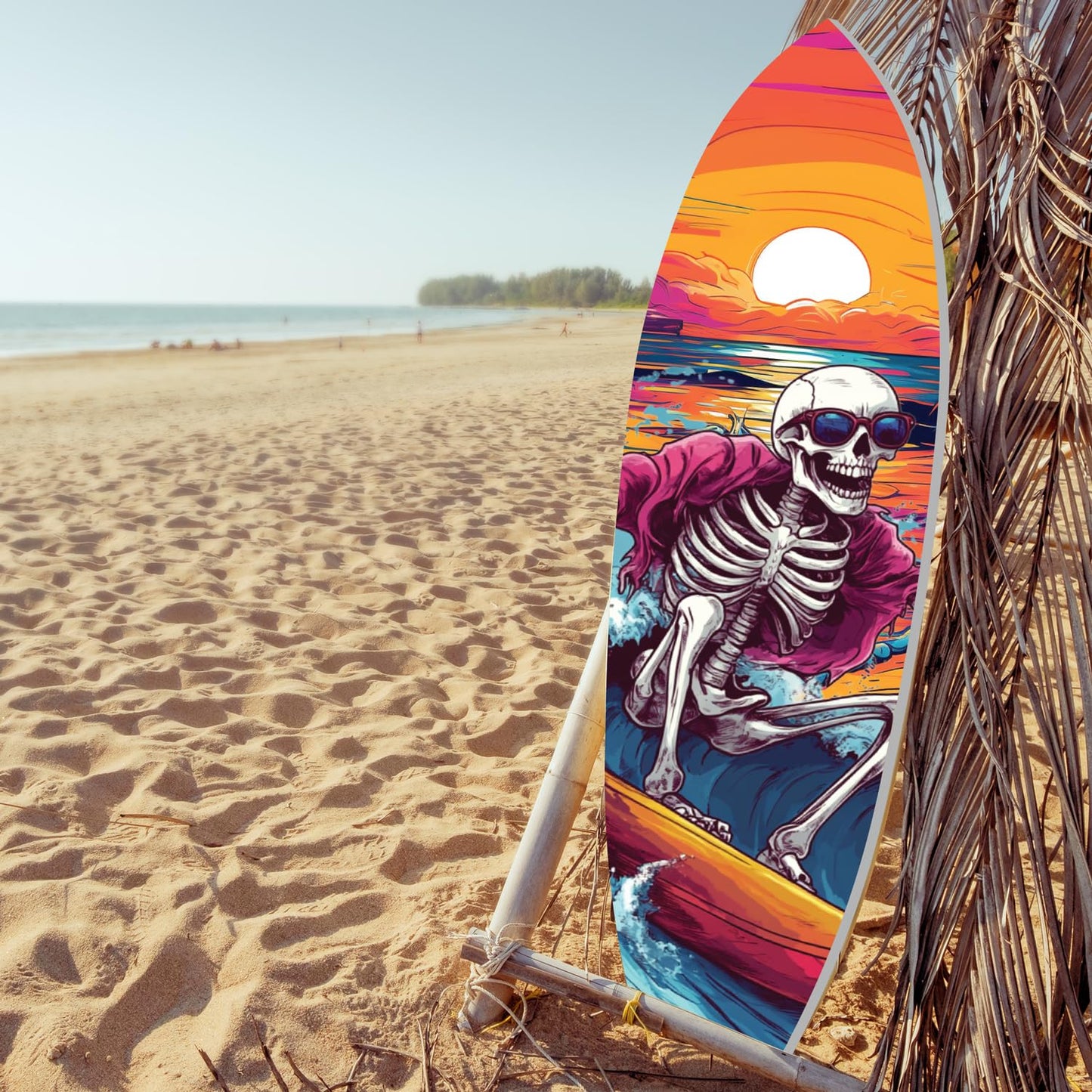 Halloween Surfboard Wall Art – Spooky Skeleton Surfing Outdoor PVC Sign – Coastal Halloween Decor for Porch, Patio, or Beach House