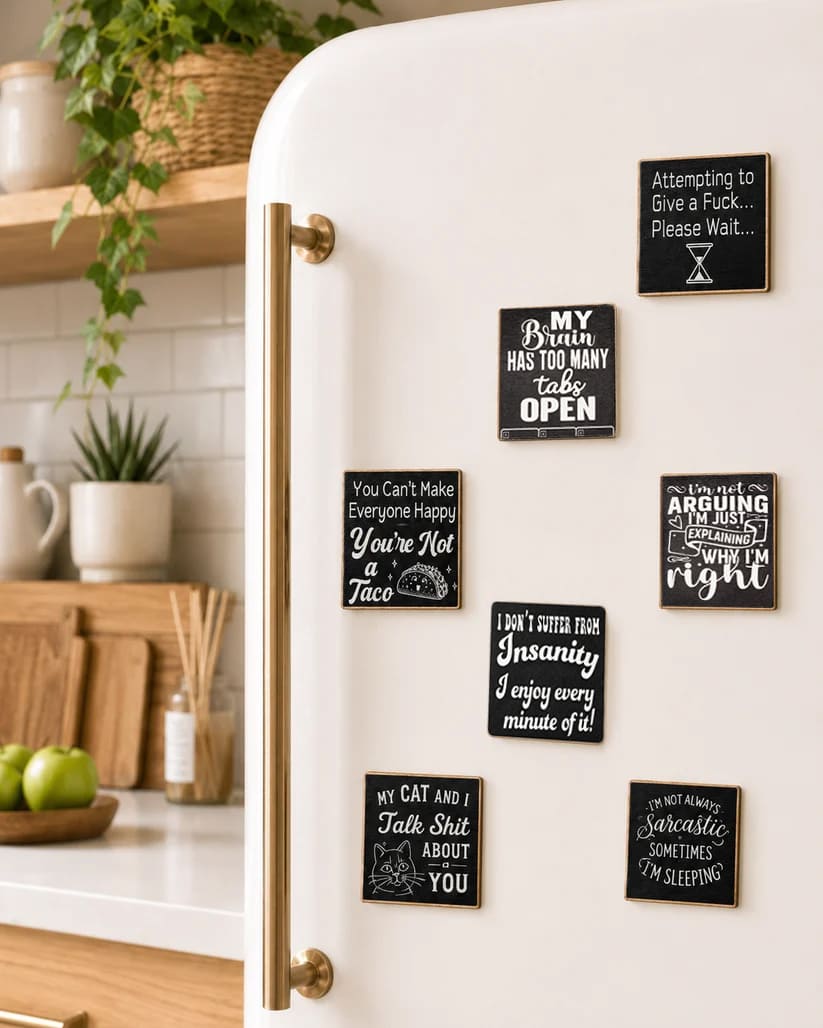 A set of six black chalkboard-style refrigerator magnets with gold-toned borders and humorous text, shown attached to a white retro-style refrigerator in a kitchen setting.