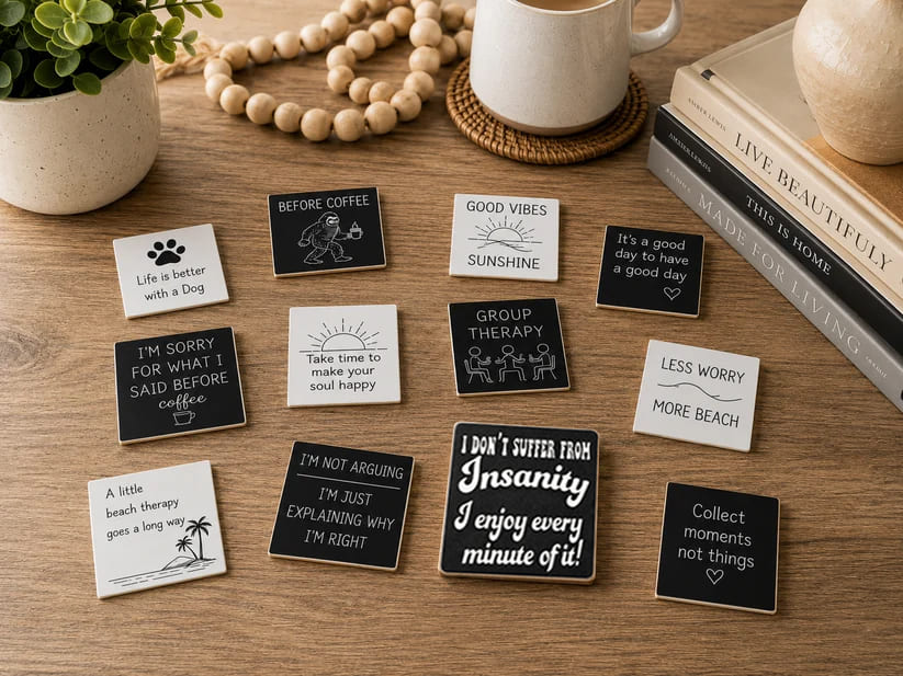 A set of square enamel pins with humorous quotes and illustrations, arranged on a wooden tabletop with lifestyle props including a mug, books, and a plant.