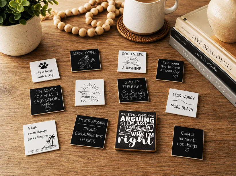 A set of square enamel pins with humorous and motivational quotes, displayed on a wooden tabletop alongside a mug, books, and a plant.