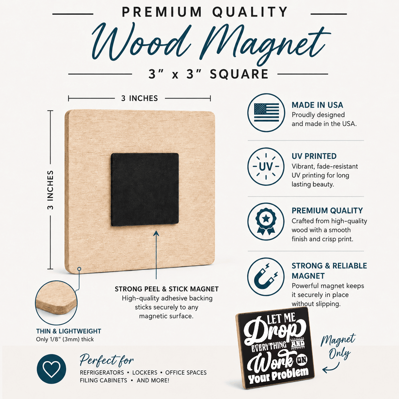 A 3x3 inch square premium wood magnet with a black magnetic backing, shown on a white background with feature callouts and text. The image includes dimensions, material details, and benefits such as UV printing,Made in USA, and strong reliability.