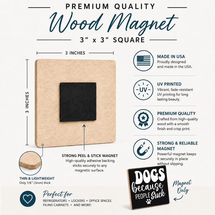 A 3x3 inch square premium wood magnet with a black center, shown on a white infographic background with text and icons describing features like UV printing, strong magnetic hold, and suitability for lockers and cabinets.