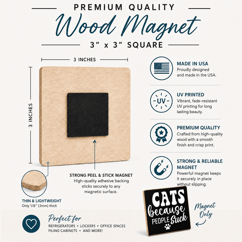 A 3 x 3 inch square wood magnet with a black center, shown on a white infographic background with text callouts about its features, including strong adhesive backing, UV printing, and suitability for cabinets and lockers.