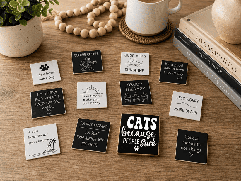 A set of square enamel pins with humorous pet and lifestyle sayings, arranged on a wooden tabletop with a coffee mug, books, and a plant in the background.