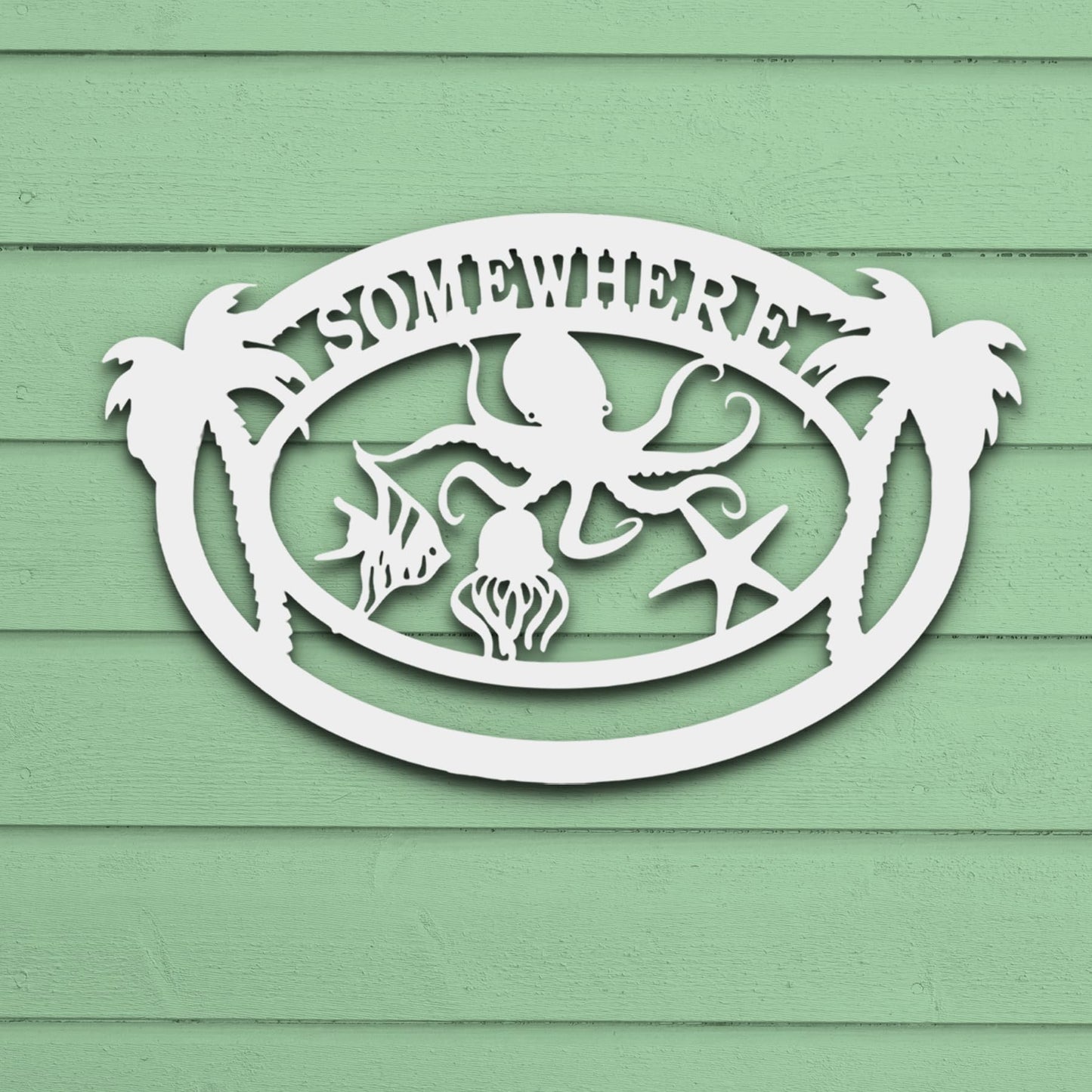 Coastal Beach House Decor, Outdoor PVC Wall Art with Octopus Palm Trees Sea Life, Nautical Decoration for Home, Garage, or Shed