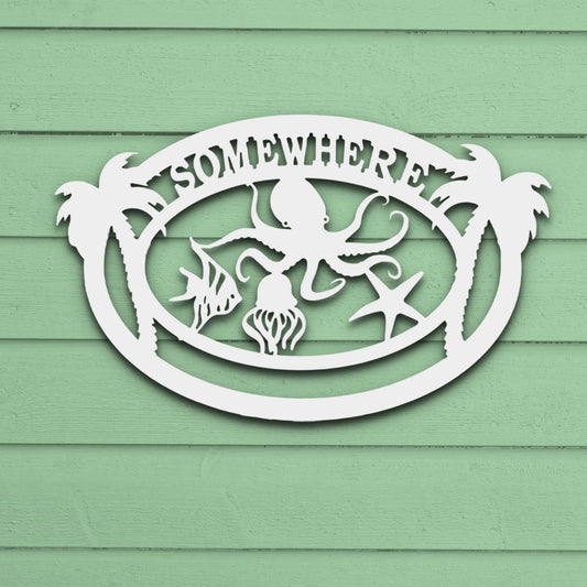 Coastal Beach House Decor, Outdoor PVC Wall Art with Octopus Palm Trees Sea Life, Nautical Decoration for Home, Garage, or Shed
